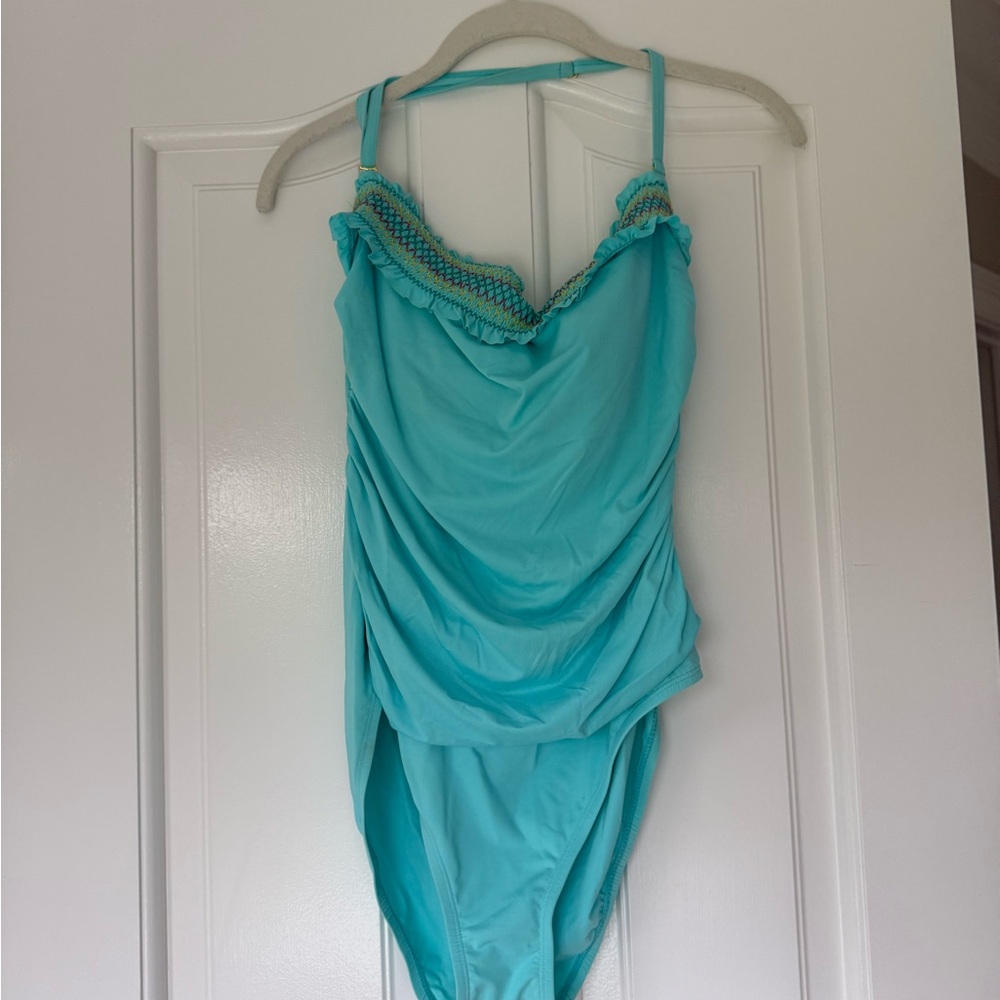 Turquoise One-Piece Swimsuit w/ Colorful Smock Detail